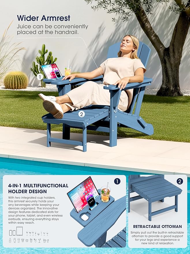 KINGYES Adjustable Folding Adirondack Chair with Footrest & 4-in-1 Multi-Functional Armrest Organizer - Photo 4