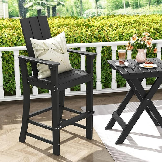 Giantex 52” Tall Adirondack Chair, HDPE Outdoor Bar Stool with Ergonomic Backrest, Armrests, Footrest, Fire Pit Chair, All Weather Patio Bistro Chair for Backyard, Garden, Lawn (1, Black)