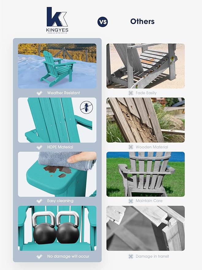 KINGYES Folding Adirondack Chair Set of 2, Dual Cup Holders & All-Weather HDPE, Wood-Like Patio Chair for Backyard, Camping, Pool & Fire Pit, Aruba