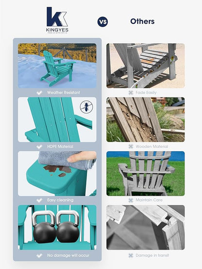 KINGYES Folding Adirondack Chair Set of 2, Dual Cup Holders & All-Weather HDPE, Wood-Like Patio Chair for Backyard, Camping, Pool & Fire Pit, Aruba