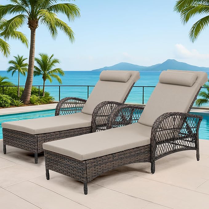 Outdoor Chaise Lounge Chair Set of 2, PE Wicker Recliner Patio Reclining Sunbathing Chair with Cushion - Photo 1