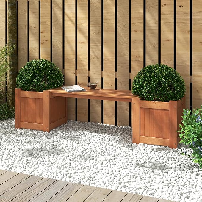 Moccha Wood Garden Bench with Planter Boxes, Raised Garden Bed with Open-Ended Base, Teak Oil Finish, Patio Planter Box Bench, Outdoor Plant Container for Garden, Yard, Lawn, Balcony, DIY Assembly