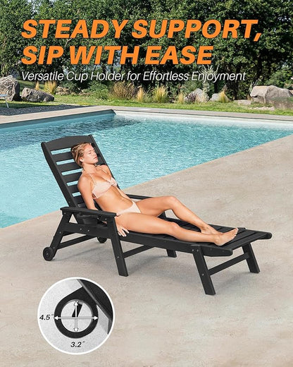 HDPE Outdoor Chaise Lounge, 78.4'' Poly Lounge Chair with Rolling Wheels & Cup Holder, 5 Positions Adjustable Outdoor Lounger, HDPE Patio Chaise Lounge Chair for Pool, Backyard, Obsidian