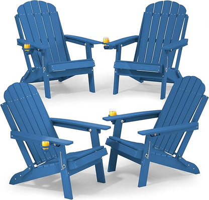 YEFU Adirondack Chair Set of 4 for Outdoor: Folding Plastic Composite Chair with Cup Holder for Patio - All-Weather Foldable Adjustable HDPE Fire Pit Adirondack Chairs - Modern Wood Texture