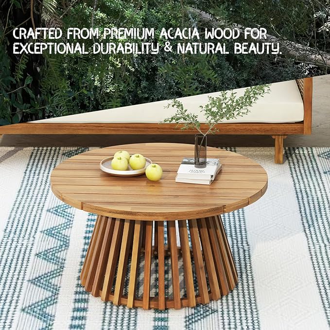 Acacia Wood Patio Coffee Table, Patio Outdoor Acacia Wood Round Coffee Table for Backyard, Lawn, Balcony, Teak Finish, Teak