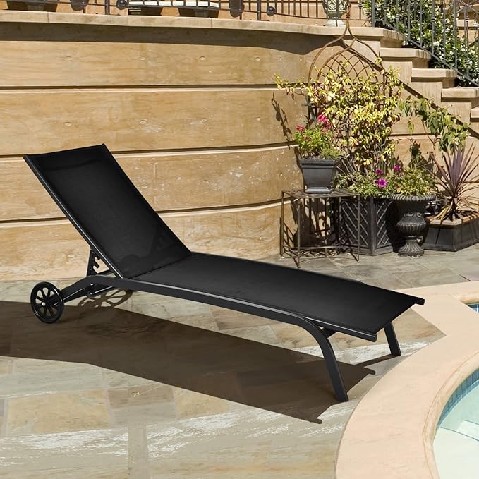Tangkula Outdoor Chaise Lounge Chair, Patio Lounge Recliner with 6-Position Adjustable Backrest, Breathable Fabric and Smooth Wheels, Outdoor Lounge Chair (1, Black)