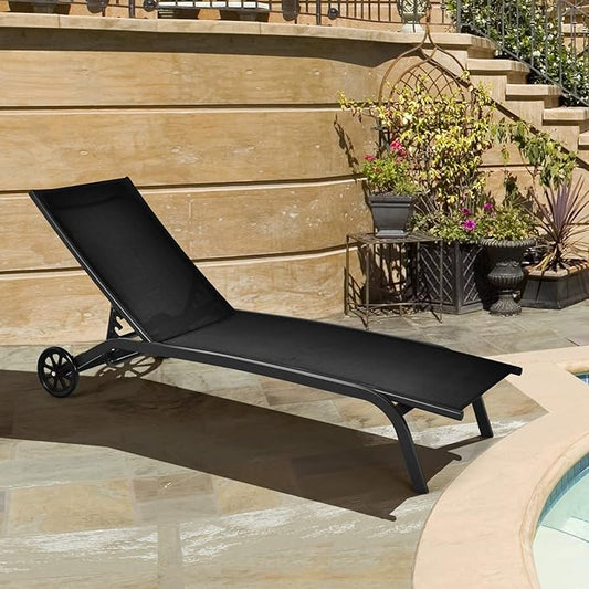 Tangkula Outdoor Chaise Lounge Chair, Patio Lounge Recliner with 6-Position Adjustable Backrest, Breathable Fabric and Smooth Wheels, Outdoor Lounge Chair (1, Black)