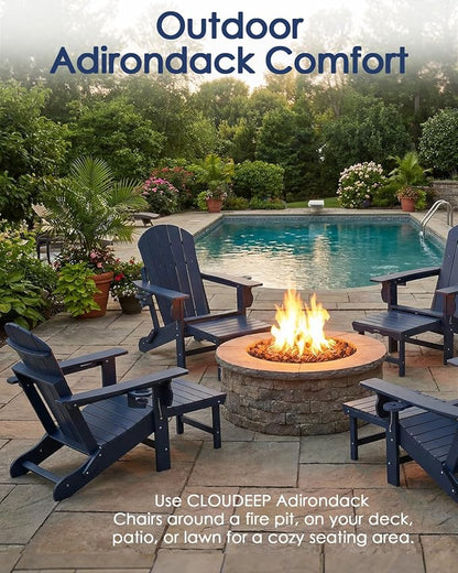 Folding Adirondack Chair with Ottoman, Recyclable HDPE Adirondack Patio Chair with 2 Cup Holder, Outdoor Fire Pit Chairs with Pull Out Footrest, Weather Resistant for Garden, Deck, Poolside, Navy Blue