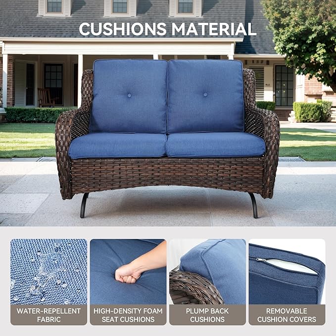 Patio Loveseat Wicker Loveseat Rattan Glider Sofa with Curved Armrest Thicking Back & Seat Cushions for Garden Balcony Backyard Brown Wicker|Blue Cushions (A) Patio Loveseat Glider