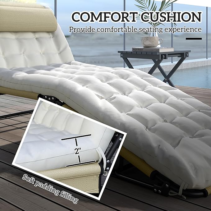 Outsunny Folding Chaise Lounge with 4-Level Reclining Back, Outdoor Tanning Chair with Cushion, Outdoor Lounge Chair with Breathable Mesh Fabric, Side Pocket, Headrest, Beige