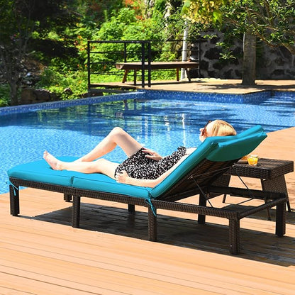 Tangkula Rattan Wicker Chaise Lounge Chair, Outdoor Patio Lounger Recliner Chair w/Adjustable Backrest, Heavy-Duty Reclining Chair Sunbed w/Thick Zippered Cushion for Garden Yard Patio (1, Turquoise)