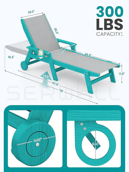 SERWALL Textilene Patio Chaise Lounge Chair Set of 2, 5 Positions Outdoor Lounger with Rolling Wheels for Pool, Deck, Aqua Blue