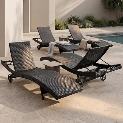 Set of 4 Black Outdoor Chaise Lounge Chairs, Wicker Patio Lounge Chairs with Adjustable Backrest and Wheels, Durable PE Rattan Pool Chair for Patio, Poolside and Garden