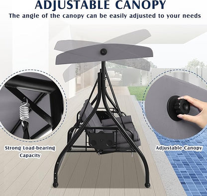 Grepatio 3-Seat Outdoor Porch Swing with Adjustable Canopy, 3 Person Convertible Porch Swing Bed with Stand, Heavy Duty Patio Swing with Cup Holder and Pillows, Cushion for Garden, Poolside (Grey)