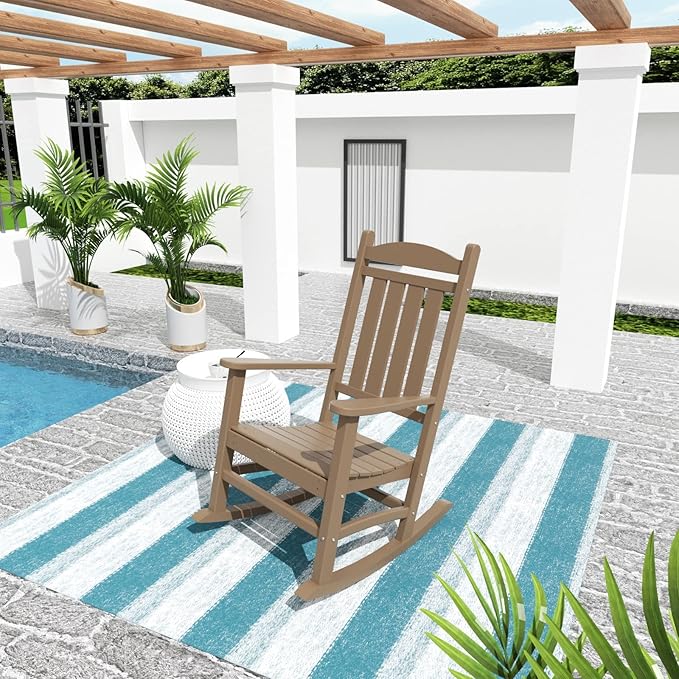 WO Home Furniture Patio Rocking Chair Farmhouse Outdoor HDPE UV Weather Resistant (Weathered Wood)