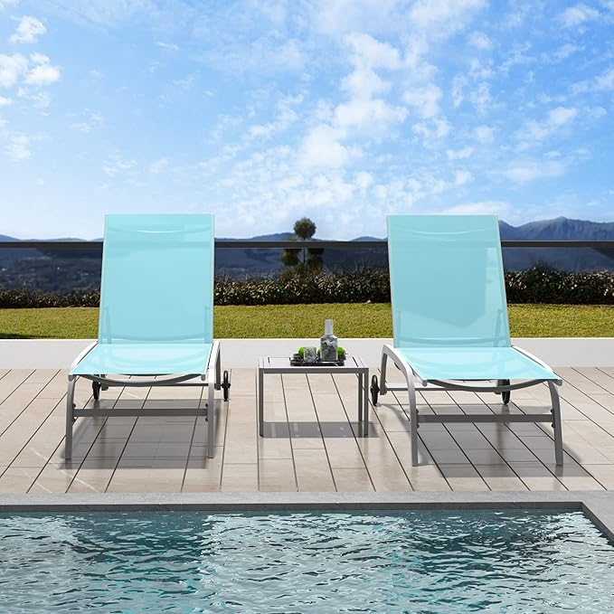 Domi Chaise Lounge Outdoor Set of 3 Lounge Chairs for Outside w/Wheels, 5 Adjustable Position Pool Lounge Chairs for Patio, Beach, Yard, Turquoise Blue