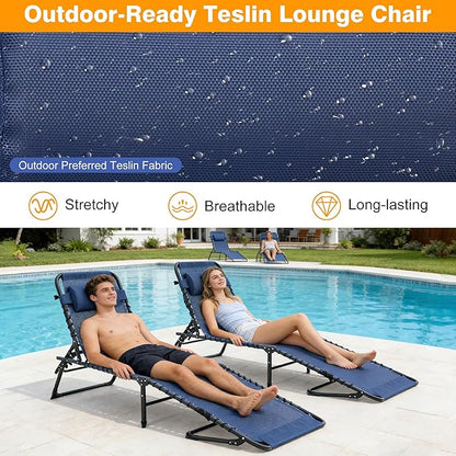 Folding Chaise Lounge Chair, Patio Teslin Tanning Chair, Outdoor Beach Lounge Chair with 5-Position Reclining Back, Breathable Mesh Seat for Beach, Poolside, Patio Sunbathing Navy Blue