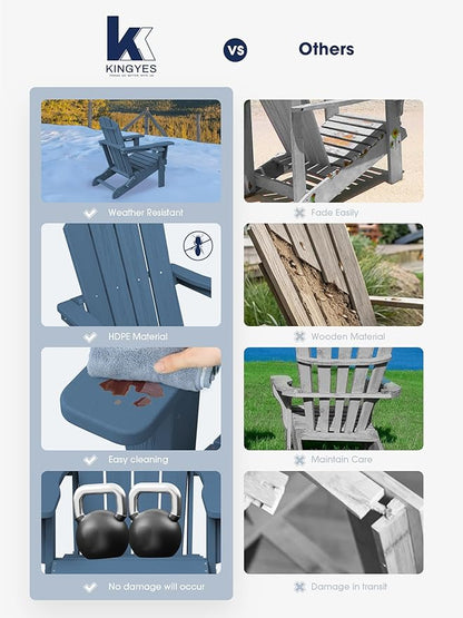KINGYES Folding Adirondack Chair Set of 2, Dual Cup Holders & All-Weather HDPE, Wood-Like Patio Chair for Backyard, Camping, Pool & Fire Pit, Navy