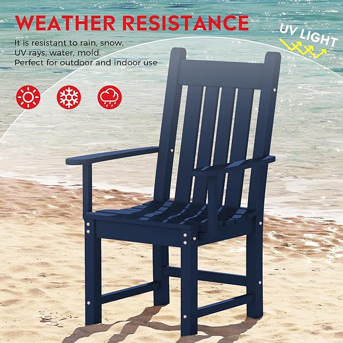 Costaelm Patio Dining Chairs, Plastic Outdoor Adirondack Chair with Arm, HDPE Poly Lumber, Waterproof Restaurant Bistro Dining Chair for Outside Porch Backyard Garden, Navy Blue