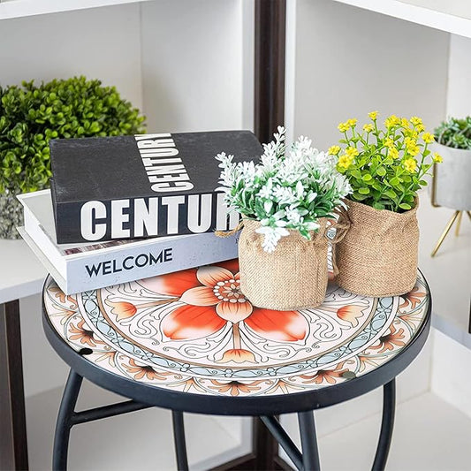 2PCS 12 Inch Small Outdoor Side Table with Pink Flower, Glass Mosaic Patio Table Indoor, Round Plant Coffee Table for Living Room, Balcony, Garden
