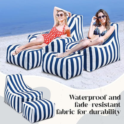 Outdoor Bean Bag Chair with Ottoman, Large Patio Lounge Chair for Adults, Thick Filled Lounger for Pool, Deck, Backyard Relaxation Seating(Blue,White Stripes)