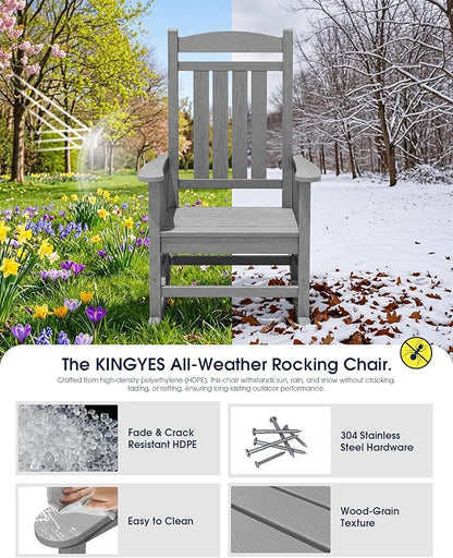 KINGYES HDPE Outdoor Rocking Chair Set of 4, All-Weather Patio Rocking Chair, Weather Resistant Porch Rocker for Adults, Light Gray