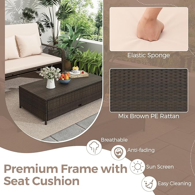 LDAILY Moccha Outdoor Daybed, PE Rattan Double Chaise Lounge w/ 4-Level Adjustable Back, Storage Ottoman, Cushions & Pillows, Separated Seating, Wicker Sunbed for Garden Patio Furniture Set (Beige)