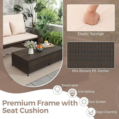LDAILY Moccha Outdoor Daybed, PE Rattan Double Chaise Lounge w/ 4-Level Adjustable Back, Storage Ottoman, Cushions & Pillows, Separated Seating, Wicker Sunbed for Garden Patio Furniture Set (Beige)