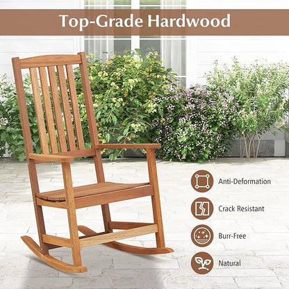 Tangkula Outdoor Wood Rocking Chair, Ergonomic High-Back Patio Rocker with Smooth Rocking Base, Slatted Design, Perfect for Patio, Poolside, Backyard