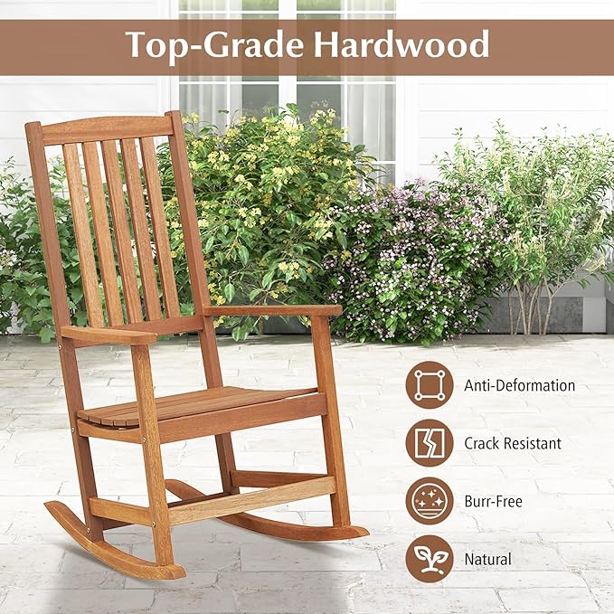 Wooden Rocking Chair, Ergonomic High-Back Porch Rocker with Armrests, Rocking Base & Slatted Design, Outdoor Rocking Chair Set for Patio, Backyard, Lawn, Deck & Poolside