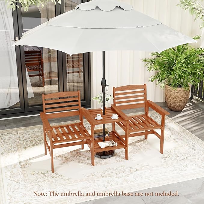 Tangkula Outdoor Patio Loveseat with Table, Wood 2-Seat Conversation Set with Coffee Table and Umbrella Hole - Photo 9