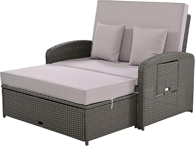 Outdoor Rattan Double Chaise Lounge, 2-Person Reclining Sunbed with 3-Height Adjustable Back - Photo 8
