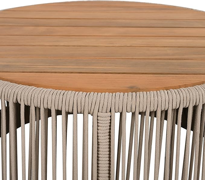 LUMISOL Acacia Wood & Rattan Rope Coffee Table for Outdoor, Patio Center Table with Wood Top, 26" Cocktail Table for Garden, Yard, Balcony, Teak+ Beige