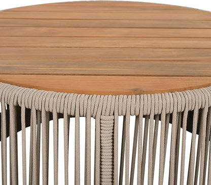LUMISOL Acacia Wood & Rattan Rope Coffee Table for Outdoor, Patio Center Table with Wood Top, 26" Cocktail Table for Garden, Yard, Balcony, Teak+ Beige