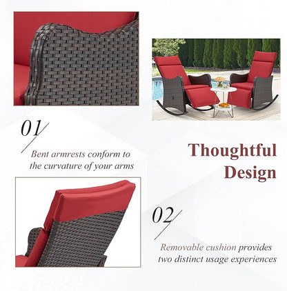 HOMREST Outdoor Recliner for Patio, Wicker Rocking Chair with Extended Footrest & Removable Cushion, Porch Balcony Lounges for Garden, Burgundy