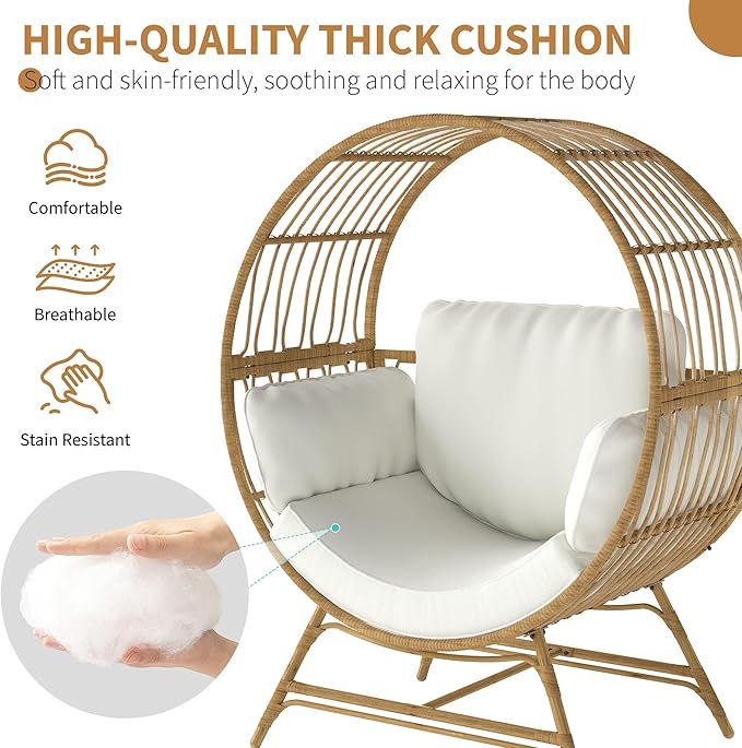 Fancyango Egg Chair Outdoor Indoor, Oversized Rattan Chair with Thicken Cushion, 350LBS Capacity Wicker Patio Lounge Chair, Basket Chair for Living Room Balcony Porch Backyard, Beige