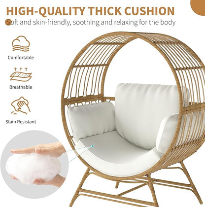 Fancyango Egg Chair Outdoor Indoor, Oversized Rattan Chair with Thicken Cushion, 350LBS Capacity Wicker Patio Lounge Chair, Basket Chair for Living Room Balcony Porch Backyard, Beige