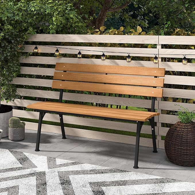Tangkula Acacia Wood Outdoor Bench with Backrest, Patio Loveseat with Heavy Duty Metal Frame, Slatted Backrest and Seat, Park Bench for Outside Front Porch, Garden and Backyard