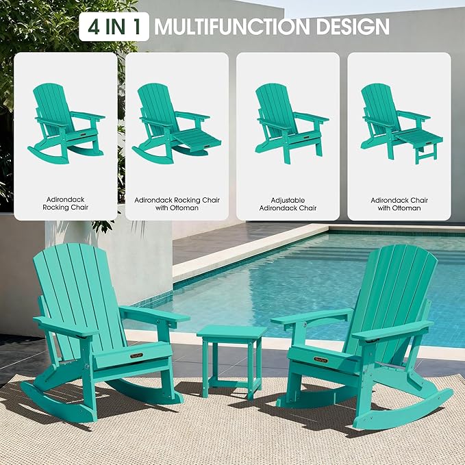 Adirondack Rocking Chair with Retractable Ottoman, 4-in-1 Foldable Reclining Patio Chair, HDPE Wood-Look Outdoor Rocker for Porch, Garden & Poolside, Lake Blue