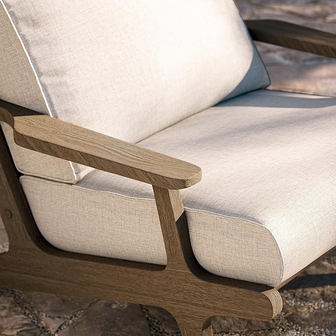Modway Saratoga Teak Outdoor Lounge Chair in Pebble – Oversized Patio Accent Armchair with Wood Frame and Weather-Resistant Cushions