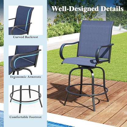 Tangkula Outdoor Swivel Bar Stools Set of 2, Bar Height Tall Patio Chairs with Armrests & High Back, Cozy Footrest & Solid Metal Support, High Top Bar Chairs for Backyard, Balcony, Poolside (1, Navy)