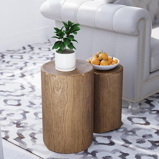 SUNBURY Concrete Side Table Set of 2, Outdoor Side Table Nesting for Patio, Outdoor Accent Table Patio End Table in Woodgrain, Ceramic for Balcony, Courtyard, Round, Light Brown