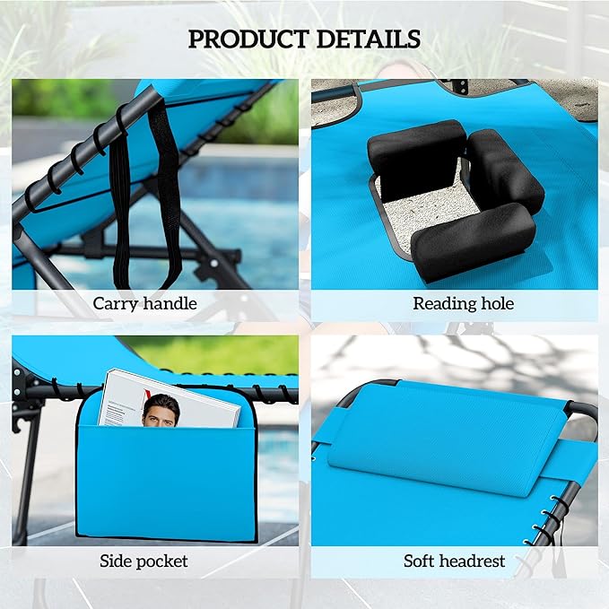 Outsunny Folding Chaise Lounge with 5-Level Reclining Back, Tanning Chair with Face Hole, Outdoor Lounge Chair with Side Pocket & Headrest for Beach, Yard, Patio, Blue