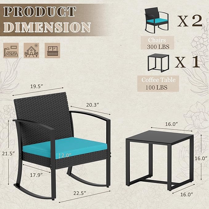 Homall Patio Furniture Set 3 Piece Resin Outdoor Bistro Set Rocking Patio Chairs with Cushions and Table for Porch, Poolside, Balcony and Yard (Blue)
