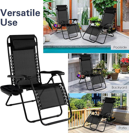 Goplus Zero Gravity Lounge Chairs, 160°Adjustable Folding Recliner w/Pillow and Cup Holder, 350LBS Comfy Outdoor Lounge Chairs for Patio, Lawn, Yard & Camp(Set of 2, Black)