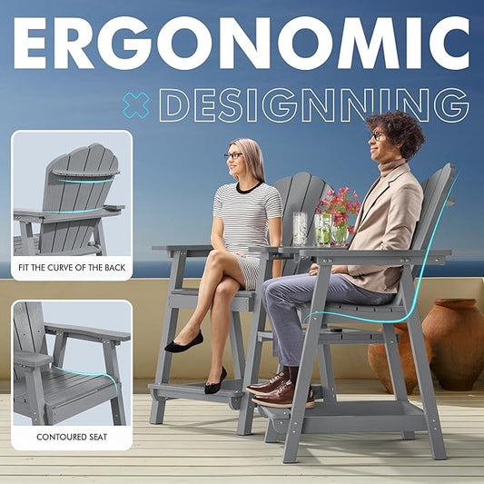 Tall Adirondack Chair Set of 2 with Double Connecting Tray, Recycled HDPE with Wood Grain, Weather Resistant, Outdoor Adirondack Chairs for Deck, Balcony, Patio, Backyard, Light Grey