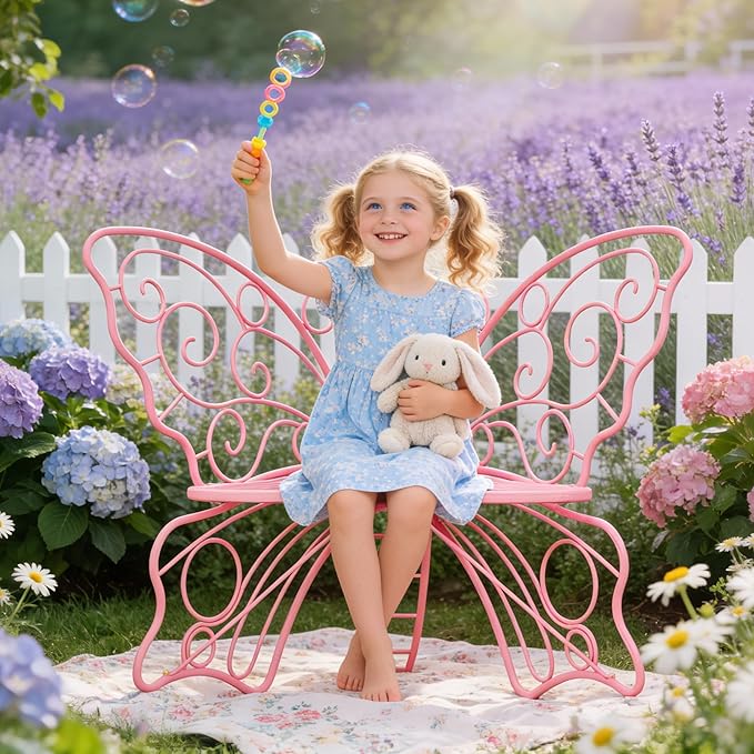 36 Inch Outdoor Bench, Cute Garden Bench with Metal Frame, Weatherproof Butterfly Front Porch Benches for Lawn, Garden, Yard, Balcony, Pink