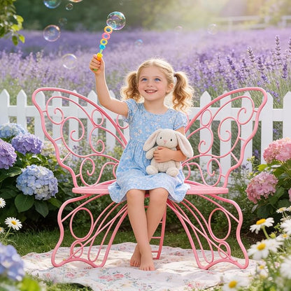 36 Inch Outdoor Bench, Cute Garden Bench with Metal Frame, Weatherproof Butterfly Front Porch Benches for Lawn, Garden, Yard, Balcony, Pink