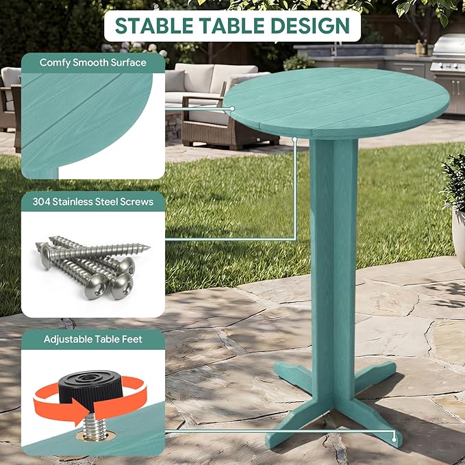 Outdoor Round Bar Table,43 Inch All-Weather HDPE Bar Height Pub Table with Adjustable Feet, Heavy Duty High Top Bistro Table for Garden, Deck, Poolside,Backyard(Aruba Blue)