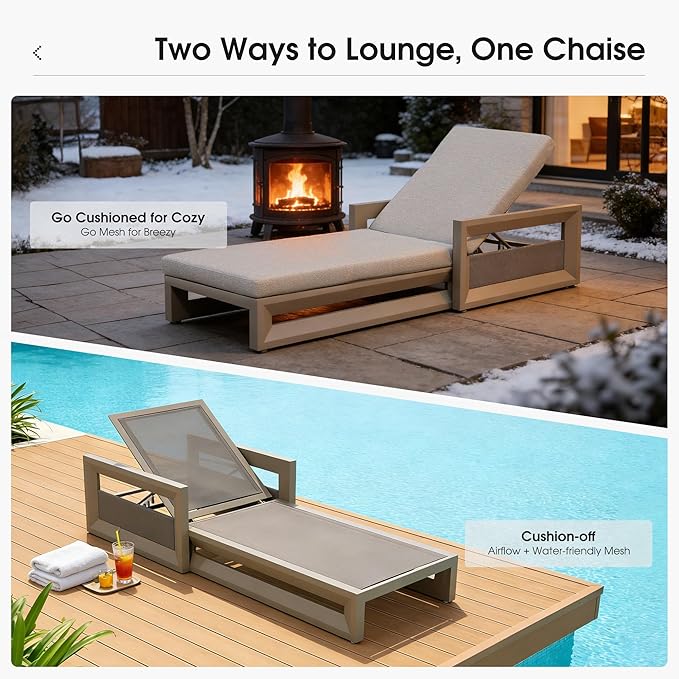 PURPLE LEAF Outdoor Chaise Lounge Set of 4 Reclining 2 in 1 Design Lounger Chair with Cushion Deluxe Aluminum Oversize Pool Lounge Chairs with Armrests & Backrest for Patio Poolside Backyard, Khaki